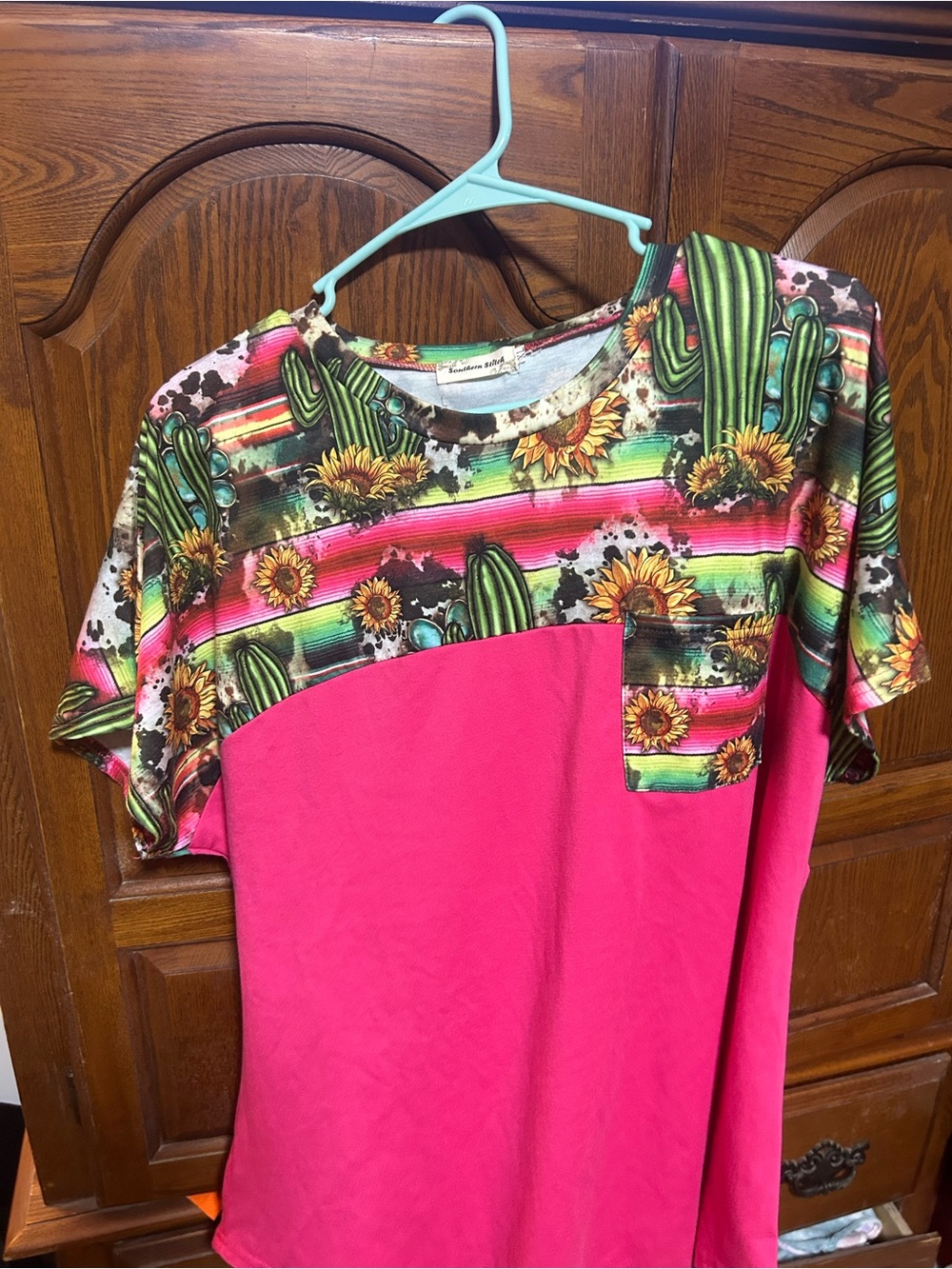 Hot Pink Short Sleeve Pocket Tee with Cactus & Sunflower Yoke